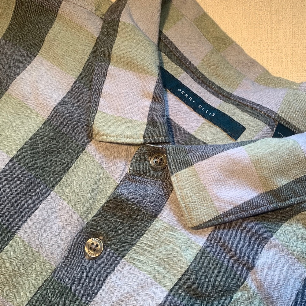 PERRY ELLIS Men's Green and Gray Checkered Long Sleeve Shirt XXL